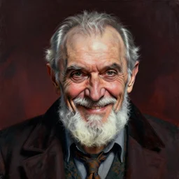 Old man smiling to camera evil, portrait artwork by Sergey Kolesov, arstation,