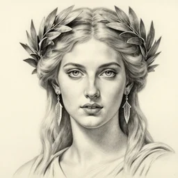 pencil drawing of a beautiful greek goddess aphrodite wearing a laurel wreath and arrowhead earrings, beautiful confident and piercing eyes, beautiful blonde hair, hyper realistic face, in the style of greg rutkowski, fantasy, amazing detail, epic, elegant, smooth, sharp focus, from the front