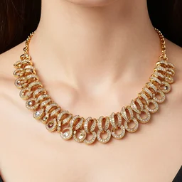 award-winning colourful catalog photograph of a woman's necklace in gold. the necklace sparkles around the model's neck. the necklace is made up of lots of small gold rings encrusted with precious stones.
