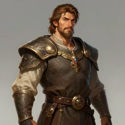 5 0 years old man, tall, stocky : : brown hair, sympathetic, designer stubble : : decorated medieval clothing : : high detail, digital art, rpg, concept art, illustration