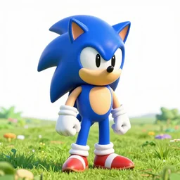 a 3 d render of mario wearing a sonic suit, blue spiky hair, in a meadow