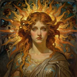 stunning, breathtaking, awe-inspiring award-winning concept art nouveau painting of attractive _____ as the goddess of the sun, with anxious, piercing eyes, by Alphonse Mucha, Michael Whelan, William Adolphe Bouguereau, John Williams Waterhouse, and Donato Giancola, cyberpunk, extremely moody lighting, glowing light and shadow, atmospheric, cinematic, 8K