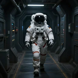 a cyberpunk industrial astronaut walking through dark spaceship corridor, 8k, film still, ALEXA 65