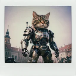 giant oversized cat! as rugged battle armored cyborg, in legnica, full body, cinematic focus, polaroid photo, vintage, neutral dull colors, soft lights, foggy mist, by oleg oprisco, by thomas peschak, by discovery channel, by victor enrich, by gregory crewdson