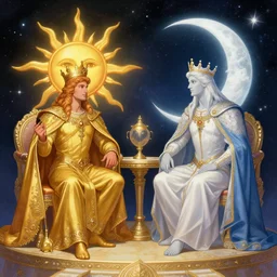 sun king and moon prince in the cosmic court of regal opulence, art by james c. christensen and manuel sanjulian
