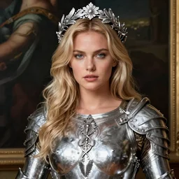 beautiful rugged sultry thick kat dennings, blonde hair, wearing silver armour, ornate silver wreath, oil painting by titian, hard focus, portrait