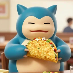 Photorealistic snorlax eating a taco in both hands. High detail.