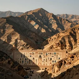 lakeside mountains, ancient egyptian mural