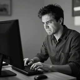 ugly man using a computer, black and white photograph, 4 k