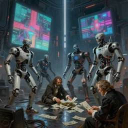 futuristic neon lit scene of ( death of the money lenders ), ( ( robot cyborgs ) ), futuristic oil painting by rembrandt and jeff koonz, ( ( led panel screens and projections ) ), intricate details, ( ultra realistic ), dynamic lighting, ( octane render ), ( ( ( vertical led strip lighting ) ) )