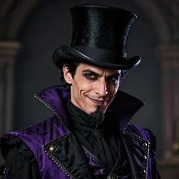 portrait, a puerto rican man wearing purple and black ringmaster attire, nefarious smirk, slender, black hair, medieval, black top hat, pencil - thin goatee, villain, style by donato giancola, wayne reynolds, jeff easley dramatic light, high detail, cinematic lighting, artstation, dungeons and dragons