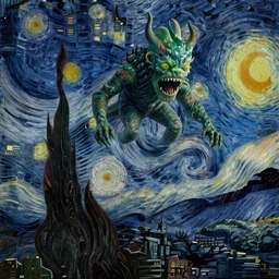 Cthulhu coming from the sky of a city by Van Gogh, dark lighting, digital art