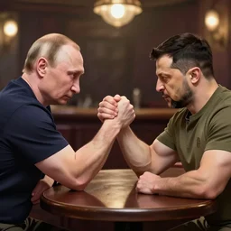 vladimir putin and volodymyr zelensky arm wrestle in a bar, digital art, trending on artstation