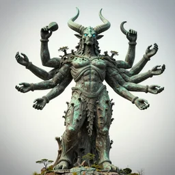 Bronze four armed statue like colossus, character design sheet, Monster Hunter Illustrations art book, giant, trees growing on its body, enormous hands, long limbs, horns on its head, bright pale blue eyes, Moebius, Greg Rutkowski, Zabrocki, Karlkka, Jayison Devadas, Phuoc Quan, trending on Artstation, 8K, ultra wide angle, zenith view, pincushion lens effect.