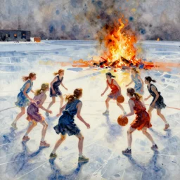 abstract watercolor painting of 9 girls playing basketball, 2 girls are fighting, icescape, fire hearth, desolation, paint brush strokes, art by hans dahl, jesper ejsing, anders zorn, wonderful masterpiece by greg rutkowski, cinematic light, american romanticism by greg manchess, creation by tyler edlin