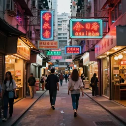 Digital Art trending on Deviantart, Artstation and r/Art by Annie Leibovitz and Ansel Adams of an alleyway lined with shops in Hong Kong with bright neon signs