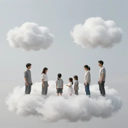 realistic documentary photo of an group of family slowly morphing into white fluffy hairy clouds, regular common street, front view, grain 1 9 9 0, life magazine reportage photo, metropolitan museum photo
