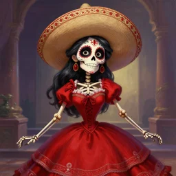 cute & beautiful smiling mexican undead skeleton girl wearing a sombrero and a wide red dress, elegant, digital art, fantasy, pixar style, painting, pin up, highly detailed, artstation, art by artgerm, vrubel, boris vallejo and ilya kuvshinov