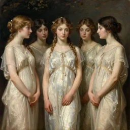 portrait of nymphs in dresses, oil painting, hyperrealistic, ultra detailed, 4 k, john waterhouse and john everett millais, classicism, raphaelites