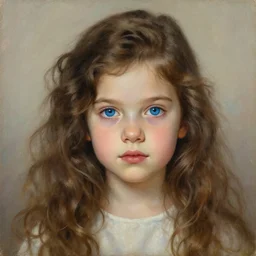 portrait of a 2 5 years girl with long curly brown hair and blue eyes, beautiful painting by artgerm and greg rutkowski