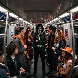 Master shot of a group of friends talking while standing inside a crowded compartment of the New York metro full of people in Halloween costumes, scary costumes, cinematic, 4k, thriller