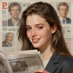 3 d, close - up, smiling fashion model, newspaper, tears, poster art, intricate oil painting, high detail, figurative art, multiple exposure, poster art, 3 d, by stanley kubrick and tooth wu and wlop and beeple