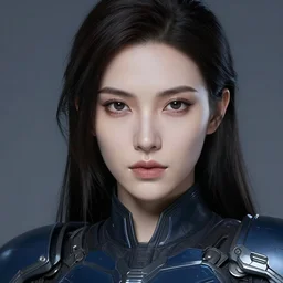 character sheet of a beautiful pale woman with ling dark hair, dark eyes, and a dark blue general sci fi armor, highly detailed faces