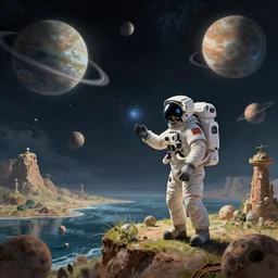 a lost astronaut on an alien island with many planets in the sky, collecting planets digital art, intricate, detailed