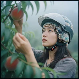 a closeup portrait of a woman wearing a helmet made of beads, picking peaches from a tree, foggy, moody, photograph, by vincent desiderio, canon eos c 3 0 0, ƒ 1. 8, 3 5 mm, 8 k, medium - format print
