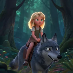 young seven year old girl, blond hair green eyes, riding a gray wolf, in a dark forest, mysterious, backlit, beautiful still from a pixar disney movie, trending on artstation