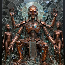 scary robot deity, god, religious art, by fiona staples and dustin nguyen, peter elson, alan bean, wangechi mutu, metallic colors, broken glass, oxidized copper, led light, highly detailed and intricate, psychedelic, sharp focus,