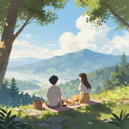 digital art, anime, boy and girl sitting on the ledge of a mountain having a picnic with a beautiful view, creative, concept