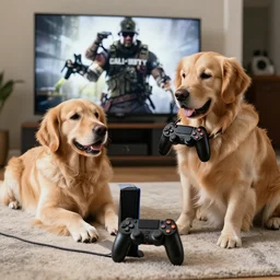photo of two golden retrievers playing call of duty on the ps4