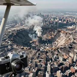a large nuclear crater in manhattan, there is smoking coming from the city, taken from a plane, realistic, taken on a ww 2 camera.