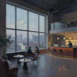 loft lounge with tall windows, few people, city in background, bar counter with bartender and few chairs nearby, sparse plants, dim painterly lighting volumetric aquatics, impasto. drawn by feng zhu