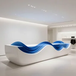 wide angle studio photo, interior design, modernism, minimalism, inside the department store counter, a counter using the waves as a design concept is made of white paint and various blues cloth, cinematic, 8 k, wave, concept art, trending on artstation, gorgeous