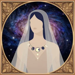 a portrait of a galaxy as an androgynous druid spirit wearing a necklace of moons and stars, veil draped in transparent cloth, flat colors, occult, minimal, swirly, bust by alphonse mucha and warwick goble, decorative art deco border, astrophotography, vast cosmos, digital illustration, trending on artstation