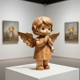 ultra realistic 8k octan photo, wooden vinyl art toys on piedestal cute robot angel on a contemporary art gallery
