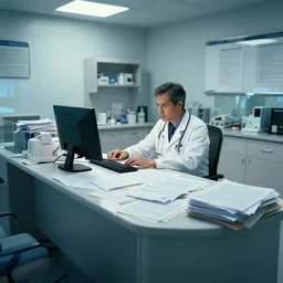 a doctor's office with strewn paperwork on every surface, cinematic lighting, raytracing, modern, cgsociety