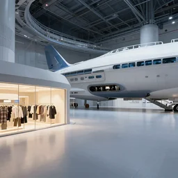 a large open plaza with a clothing store at the side, inside a large passenger spaceship, from a space themed point and click 2D graphic adventure game, made in 1999, high quality graphics