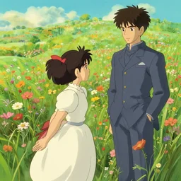flower field, in the style of studio ghibli, j. c. leyendecker, greg rutkowski, gaston bussiere