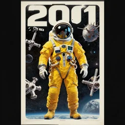 poster art, movie poster, retrofuturism, sci - fi, textured, paper texture, 2 0 0 1 : a space odyssey by edward valigursky, yellow space suit, space station