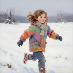 a seven year old girl with short wavy curly light brown hair and blue eyes wearing colorful winter clothes is running in a snowy field. beautiful painting by artgerm and greg rutkowski and lois van baarle