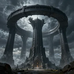 Matte painting, giant rings dark tower fortress, storm, Bruce Pennington, Greg Rutkowsky, James Gurney, Science Fiction, Detailed, Artstation