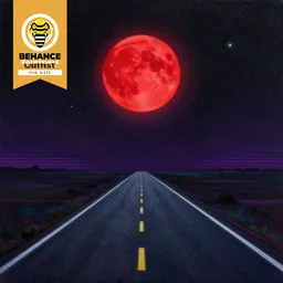 a painting of a road with a red moon in the background, a matte painting by beeple, behance contest winner, space art, outrun, synthwave, retrowave