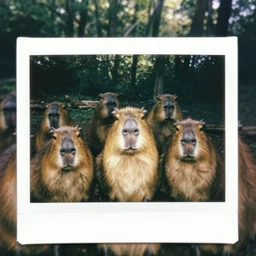 polaroid of several capybaras peeping the camera in a forest