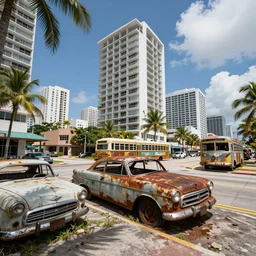 low wide angle shot of dilapidated fallout 5 miami, tropical coastal city in real life, desolate, dilapidated, empty streets, some rusted retro futuristic vintage styled parked vehicles like cars, buses, trucks, trams, sunny weather, few clouds, volumetric lighting, photorealistic, daytime, spring, sharp focus, ultra detailed