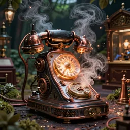 A glowing electrical Steampunk phone in a victorian museum, james gurney, cinematic lighting, lots of steam and sparks, wires made of copper, artstation, vibrant nature, Tuomas Korpi, tekkon kinreet, volumetric light, artstation, , octane render, redshift render, low angle camera, rich deep moody colors