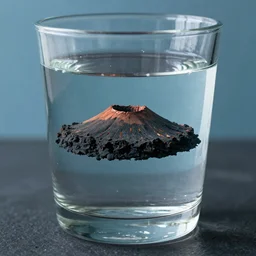 a volcanic island sitting inside a glass of water