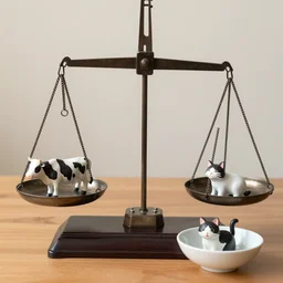 set of libra balance scales with weights, weighing cow figurine and cat figurine in dish